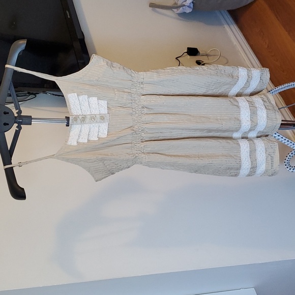 Spaghetti strap summer dress cotton tan and cream lace size medium Tulle.s1 - Picture 2 of 3